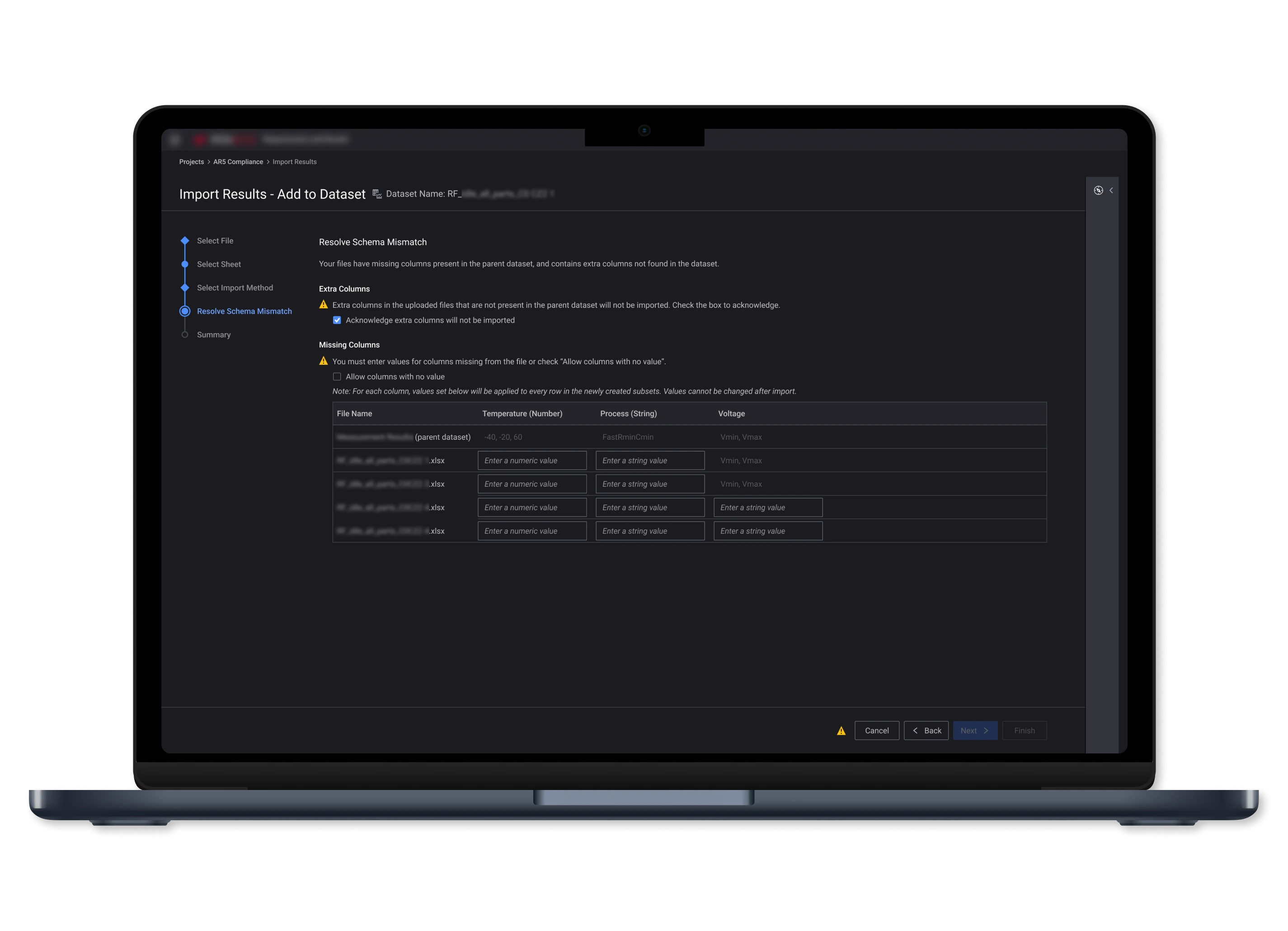 Laptop showing the final import wizard's Resolve Schema Mismatch step: extra and missing columns listed, with input fields for each uploaded file.