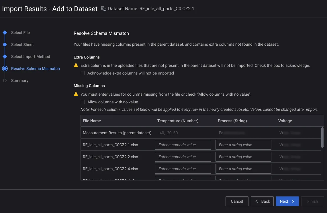 Screenshot of the final wizard design: a schema-mismatch step listing extra and missing columns across the uploaded files, with an option to acknowledge them.