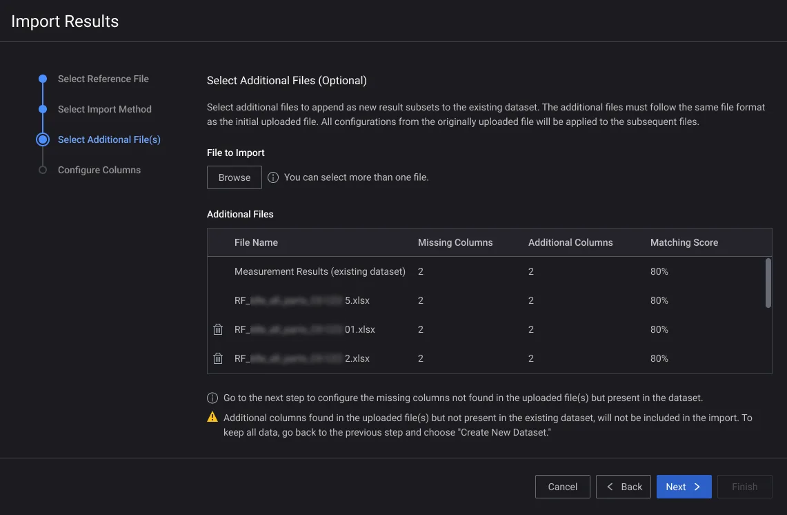 Screenshot of the first wizard redesign: selecting additional files to append, with each file's missing and additional columns and match score listed.