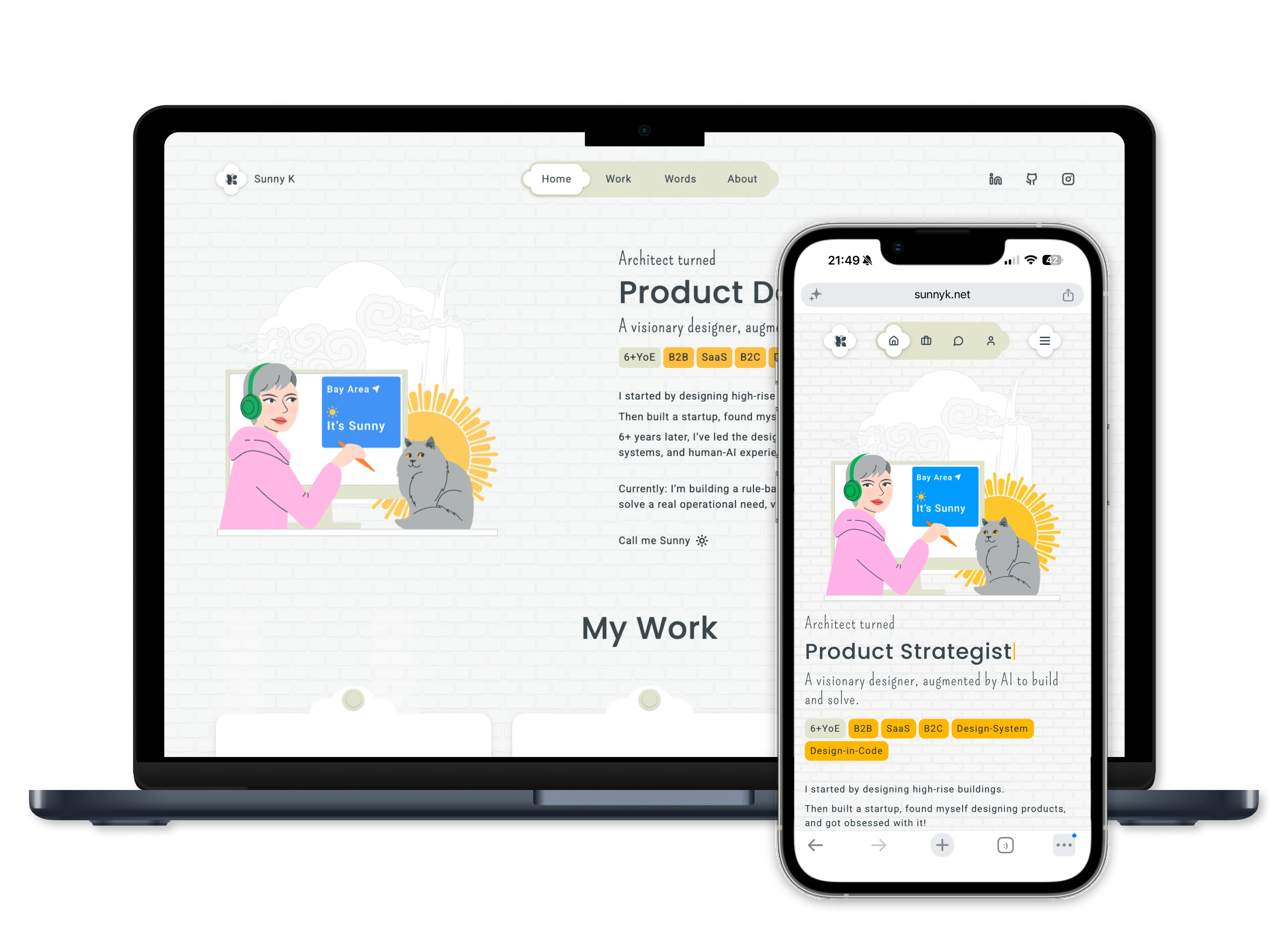 Laptop and phone showing this portfolio website: the home page with the navigation bar, an illustrated designer at a desktop with a cat, a short intro and the start of My Work.