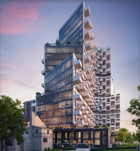Rendering of a terraced glass high-rise residential tower against a dusk sky.