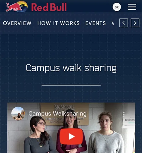 A Red Bull project page for "Campus walk sharing", with a video of three team members.