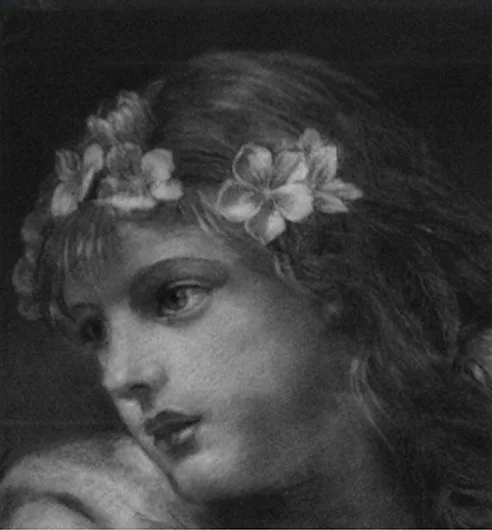 Charcoal drawing of a girl wearing a flower crown, resting her chin on her hand.