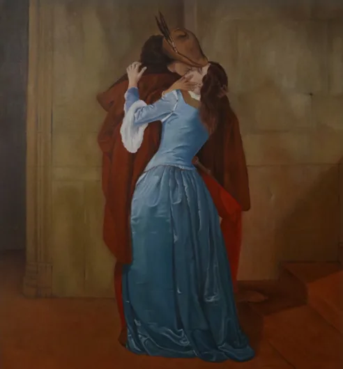 Oil painting of a couple embracing, a woman in a blue gown and a man in a red cloak.