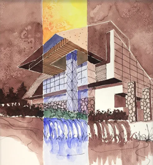 Watercolour sketch of a modern building with a waterfall flowing below it.