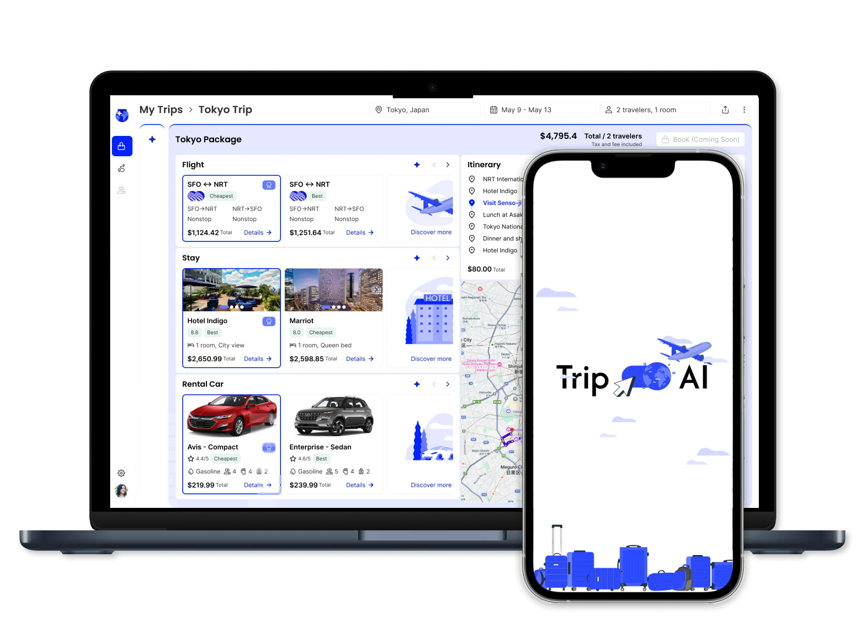 Laptop showing a Tokyo trip package with flight, hotel and rental-car options, an itinerary and a map, beside a phone showing the Trip AI logo.